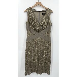 Tadashi Shoji Dress Womens 12 Gold Gray Sequins Lace Wedding Party Cruise NYE